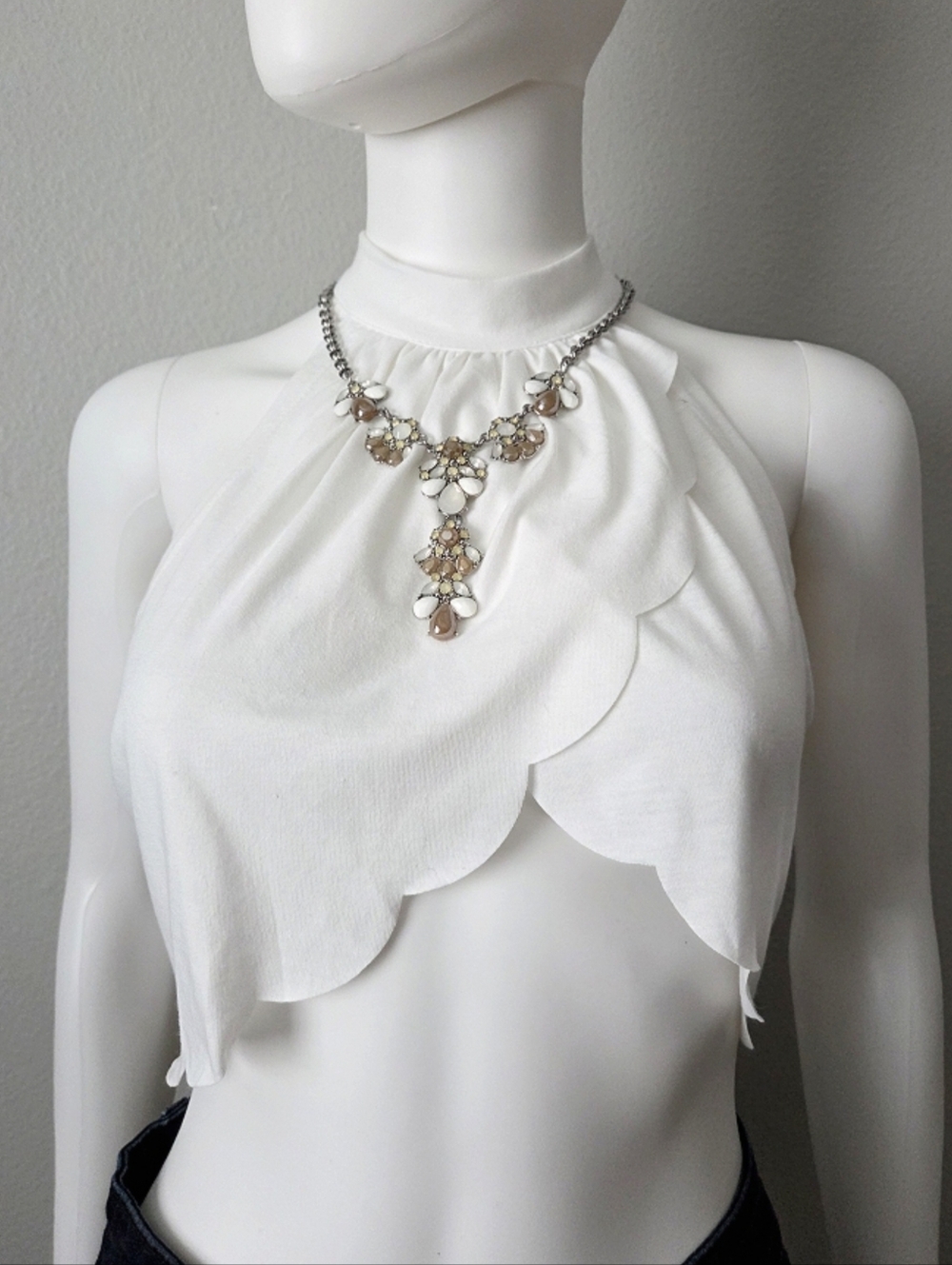 New York & Company White and Taupe Statement Y-Necklace With Silver Chain - Picture 11 of 12